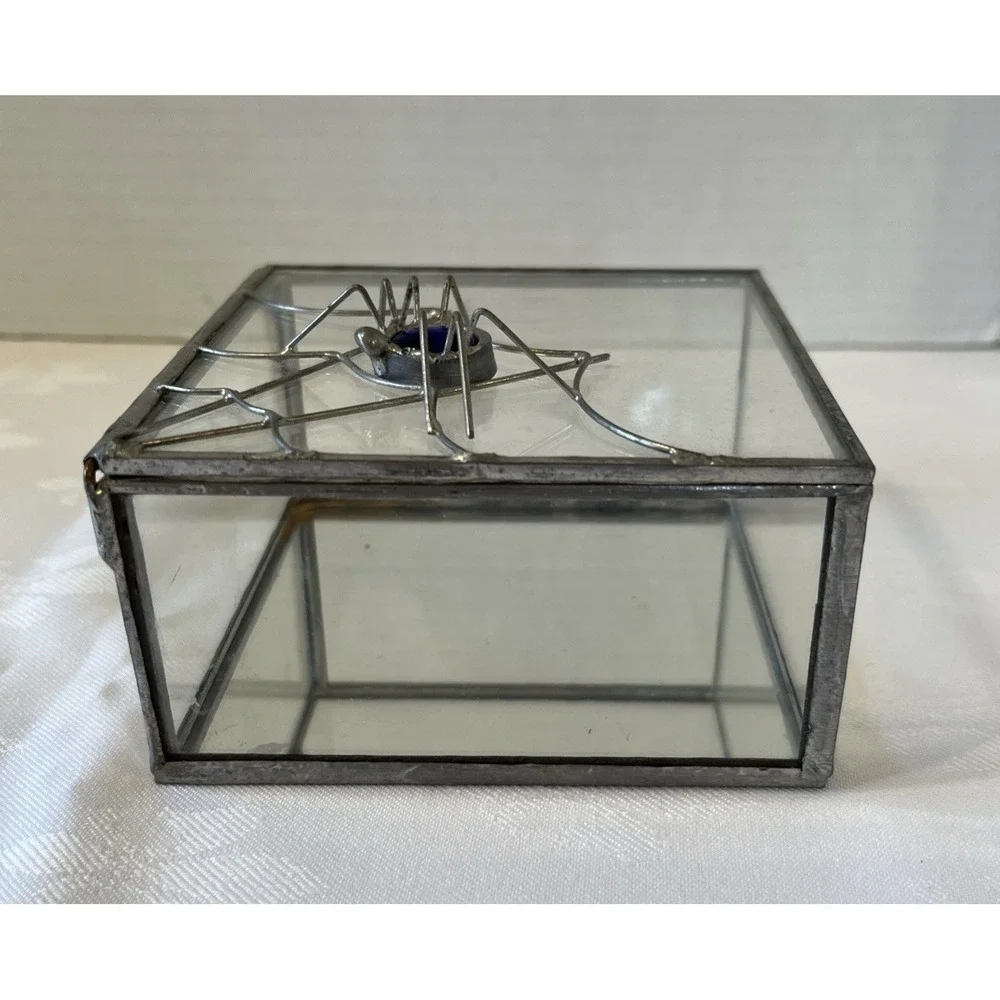 Gothic Trinket Box Blue Spider And Solder Web Mirror Glass Deco